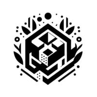 Geometric Black and White Abstract Featuring a Central Cubical Structure, Surrounded by Organic and Dot Elements within a Hexagonal Composition on a White Background. vector