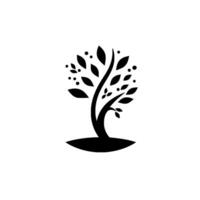 A minimalist, symmetrical silhouette of a stylized tree in solid black, featuring leaves and dots, set against a pristine white background, conveying harmony and balance. vector