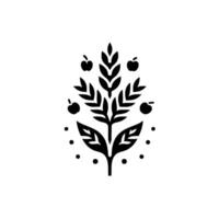 A stylized, symmetrical of a flourishing plant with leaves, apples, and a central stalk, rendered in solid black on a white background. vector