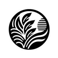 Abstract Black and White Botanical Within a Circle, Featuring Leaves, Swirls, and a Striped Orb. vector