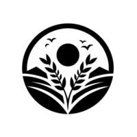 Abstract black and white emblem of a rural scene within a circle, featuring wheat, birds, a sun, and layered fields. vector