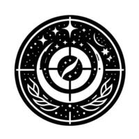Celestial Emblem Intricate black and white circular featuring stars, crescent moons, targeting crosshair, and laurel leaves, evoking a sense of wonder and cosmic harmony. vector