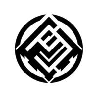 Abstract geometric featuring a black and white circular with angular shapes and inner complex mazelike pattern. vector