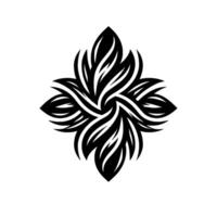 A symmetrical, stylized black and white floral , resembling four intertwined petals emanating from a central point, with a subtle shadow. vector