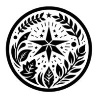 Monochromatic Compass Rose, surrounded by Leaves, Stars, and Floral Elements, Encased in a Circular Frame, Evoking Guidance and Natural Beauty. vector