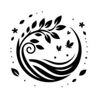 Elegant Black and White Nature Motif Circular with Tree Branches, Leaves, Butterflies, and Floral Accents vector