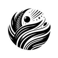 A stylized black and white composed of layered abstract forms, reminiscent of feathers and celestial elements, arranged in a circular composition. vector
