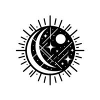 Elegant, stylized celestial emblem a crescent moon, stars, and sunburst within a circle, creating a harmonious cosmic in black and white. vector