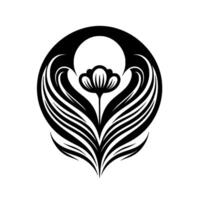 A minimalist black and white floral illustration featuring a stylized flower inside a circular frame with layered leaflike shapes and a sunlike element. vector