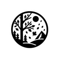 Stylized Black and White Circular Illustration of Autumn Scenery Tree, Forest, Mountain, Sun, and Falling Leaves. vector