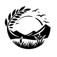 Stylized black and white nature illustration, featuring a circular scene with mountains, wheat, grass, birds in flight, and a minimalist . vector