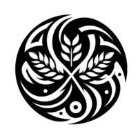 Intricate symmetrical black and white circular featuring stylized wheat, leaves, and curved abstract elements. vector