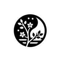Yin Yang Symbol with Flowering Branch A minimalist black and white of a tree in a Yin Yang, representing balance and harmony. vector