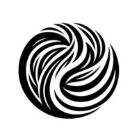 Intricate black and white circular comprised of interwoven, stylized leaflike shapes, suggesting motion and balance, set against a plain white background. vector