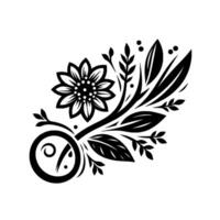 Black and white minimalist floral featuring a stylized sunflower, leaves, vines, and decorative scrollwork, creating an elegant and symmetrical botanical arrangement on a clean white background vector