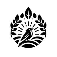 Monochromatic Emblem A stylized bird perched on a hill within a leafadorned, circular frame with radiating sunburst lines. vector