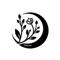 Elegant Black and White Botanical Emblem Featuring a Blooming Flower, Leaves and Buds, Adorned by a Crescent Moon vector