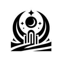 Black and white geometric featuring a stylized temple beneath a celestial crescent moon and stars, set on a textured background. vector