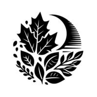 A symmetrical monochrome composition features a circleformed arrangement of leaves, acorns, and a crescent with stylized linear shading. vector