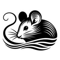 Stylized Black and White Mouse Illustration with Swirl Tail and Curved Base, Featuring Detailed Fur and Whiskers, Isolated on White vector