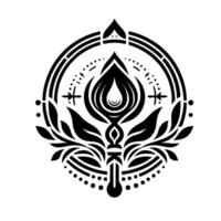 Intricate black and white floral emblem, a symmetrical with a stylized teardropshaped central element and detailed leaf patterns within a circular frame. vector