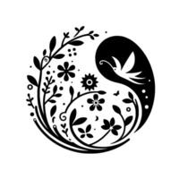 A YinYang floral composition, featuring a bird in flight, with decorative flowers, leaves, and a butterfly, all rendered in contrasting black and white. vector