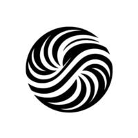 A symmetrical black and white abstract featuring a swirling pattern of thick, curved lines within a circular shape, set against a stark white background. vector
