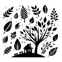 Silhouette illustration stylized black tree with house benches, surrounded by various leaves, dots on a white background. vector
