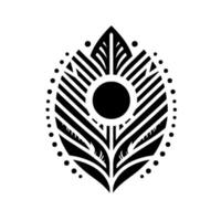 Bold black and white geometric , a stylized leaflike shape with a central circle, radiating lines, and dotted border, suggesting a symbol or emblem. vector