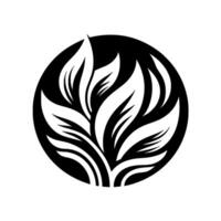 A stark black and white botanical featuring stylized leaves arranged within a circular frame, radiating symmetry and natural elegance. vector