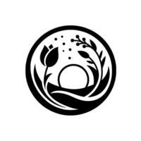 Elegant monochrome circular emblem featuring stylized flora, including a tuliplike flower and berries, with a minimal sun shape, evoking tranquility. vector