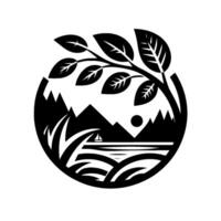 A minimalist black and white circular nature scene featuring a sailboat on water, mountains, sun, grass, and a leafy tree branch. vector