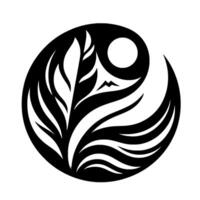 A stylized yinyang representation featuring a stylized botanical composition alongside a moon and mountain silhouette within a black and white oval. vector