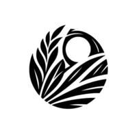 A stylized, minimalist black and white featuring organic shapes within a circular frame, resembling leaves and a partially obscured sun. vector