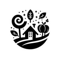 A stylized black and white illustration of a house nestled in a landscape, with trees, leaves, apples, and stars forming a harmonious circular . vector