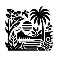A minimalist, stylized black and white tropical landscape featuring a palm tree, mountain, sun, and various stylized plants and birds within a square frame. vector