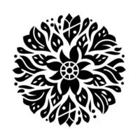 Symmetrical Black and White Floral Mandala Pattern with Geometric Leaf and Petal on White Background. vector