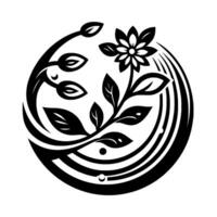 Intricate Black and White Floral Within a Circular Frame, Featuring Leaves, Buds, and a Bloom, Emphasizing Symmetry and Elegance. vector
