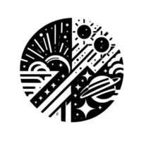 A stylized, monochromatic cosmic illustration depicting celestial elements like suns, planets, stars, and atmospheric events within a circular composition. vector