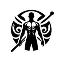 Silhouette of a muscular figure with tribal tattoos, encircled by decorative elements and wielding a staff, symbolizing strength and protection. vector