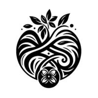 A symmetrical, abstract black and white illustration featuring a tree with leaves, interwoven with swirling lines, eye details and a flower, set against a white background. vector