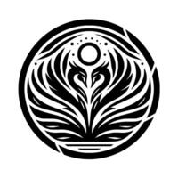 Symmetrical Black and White Featuring Two Stylized Birds Facing Each Other, Integrated in a Circle with a Central Orb and Featherlike Elements. vector