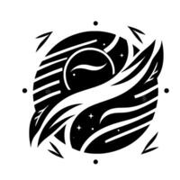 Abstract black and white , a stylized planet with striped background, curved shapes, leaves, stars, and dots in a minimalist arrangement. vector
