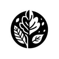 YinYang inspired botanical illustration featuring a split composition of stylized leaves and floral elements within a circular frame, rendered in contrasting black and white. vector
