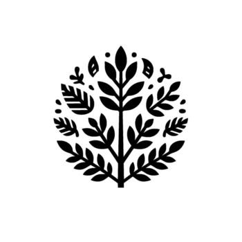 un estilizado, negro y blanco simétrico ilustración representando un árbol de vida dentro un circular acuerdo, presentando minimalista hoja y rama motivos vector