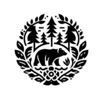A stylized black and white emblem featuring a bear in a forest with trees, foliage, and a flower, enclosed within a circular frame. vector