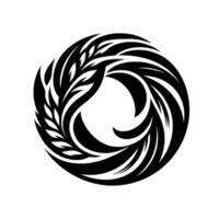 A symmetrical, black and white circular featuring stylized botanical elements, resembling a wreath or emblem. vector