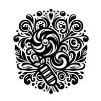 Intricate Black and White Circular featuring a Swirling Lollipop, Popsicle, and Ornamental Floral Patterns, evoking a sense of whimsy and elegance. vector