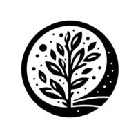 A minimalist black and white circular featuring a stylized tree with leaves and surrounding dots, evoking growth and natures beauty. vector