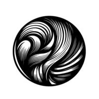 Intricate black and white illustration of swirling linear patterns within a circle, creating a stylized organic . vector